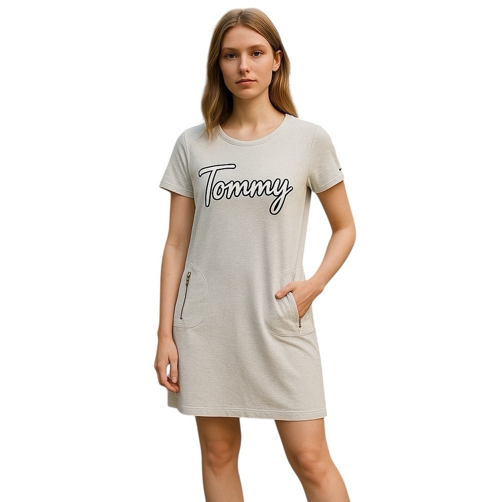 Tommy Hilfiger Denim Sweatshirt Dress S Script Logo Zip Pockets Tunic Spellout